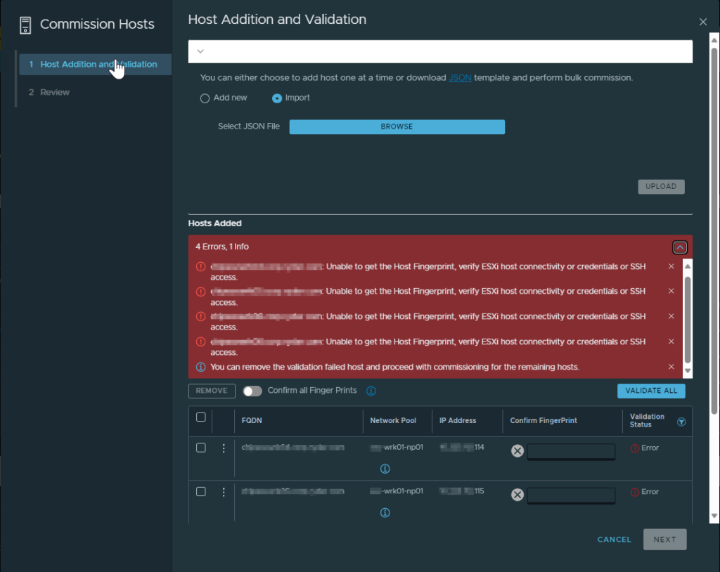 Error validating hosts