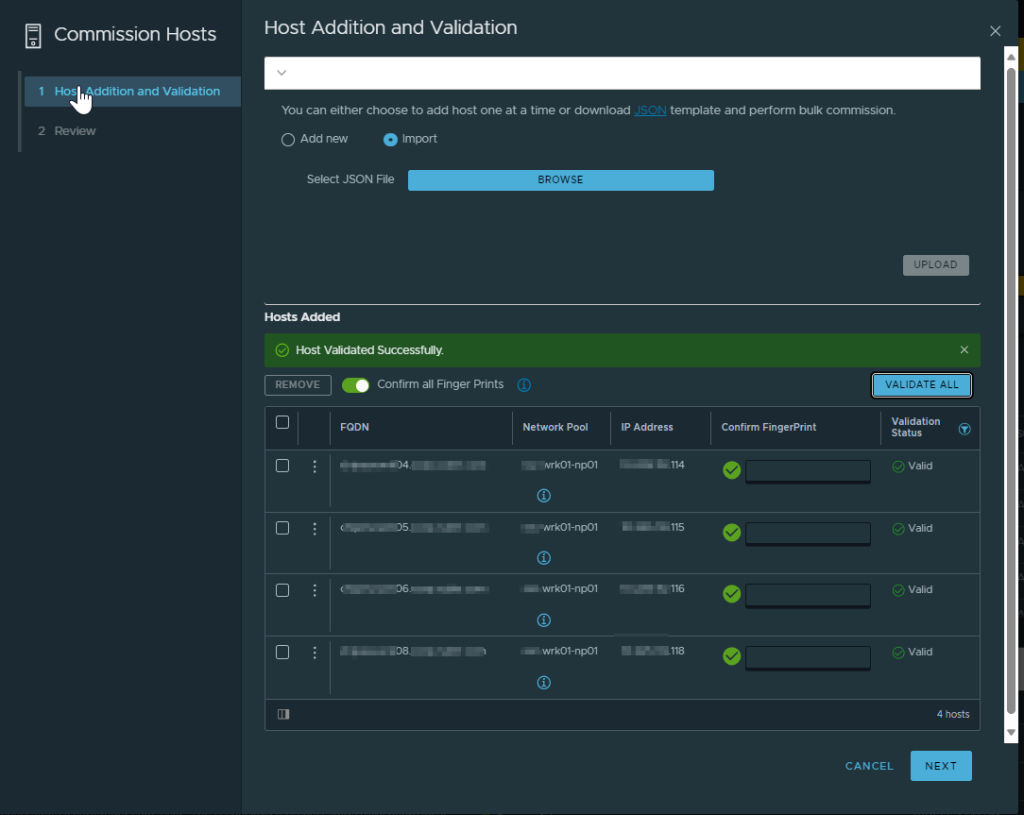 Successful VCF host validation.